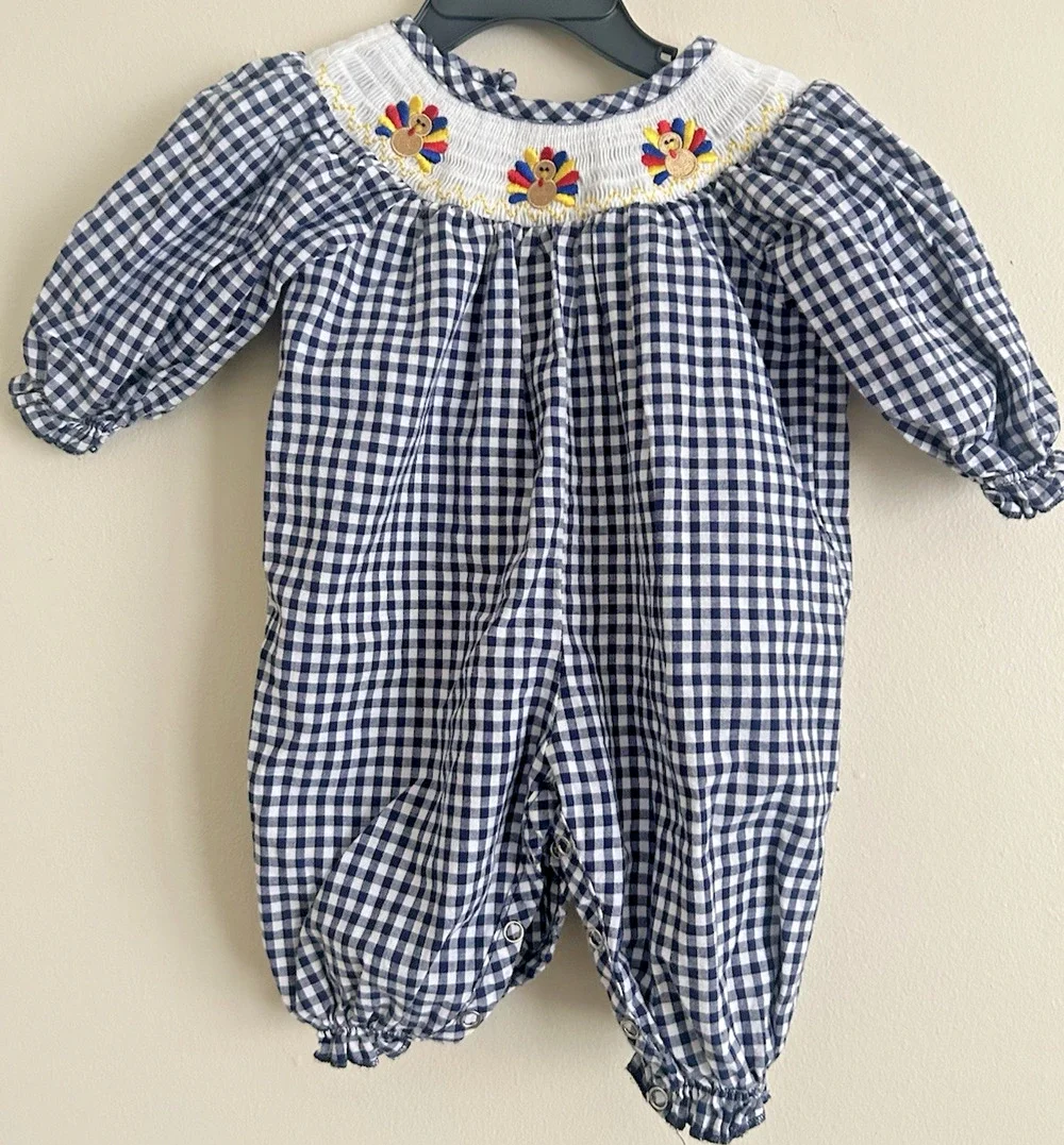 Marie Nicole Baby Girls 3-6 M Smocked Romper 1 pc Turkey Thanksgiving Gingham